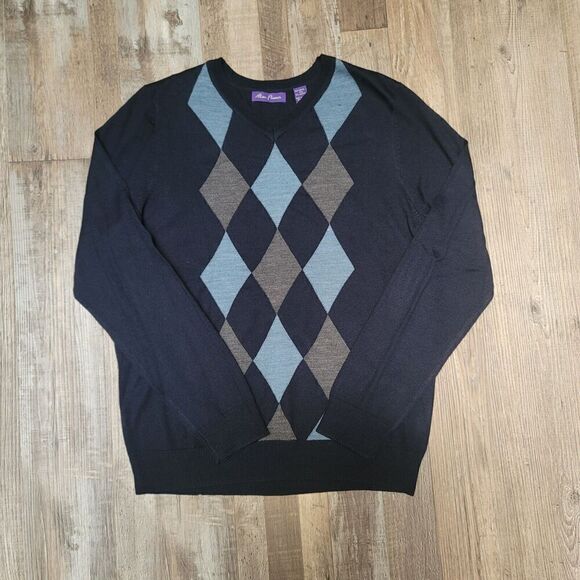 Alan Flusser Sweater Men Med V Neck Argyle Diamond Merino Wool Blend Blue Gray - Picture 1 of 6